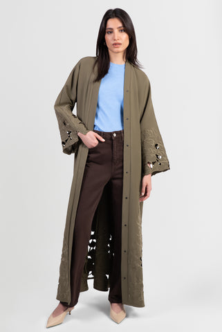 Olive green Tencel abaya with tonal embroidered flowers, cutout flowers, open front view