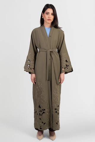 Olive green Tencel abaya with tonal embroidered flowers, cutout flowers and matching belt front view