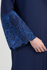 Navy cotton abaya with light blue embroidered floral design around sleeves details