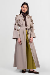 Taupe abaya with 3D flowers around chest, and matching belt