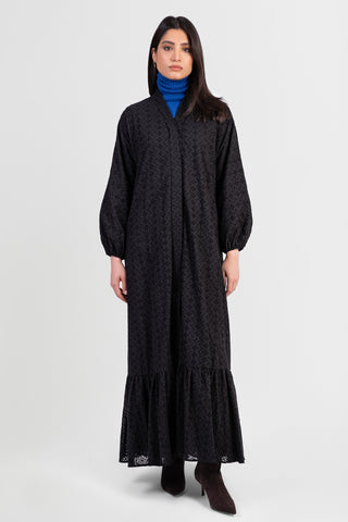 Black cotton abaya with broderie anglaise lace details and matching belt front view