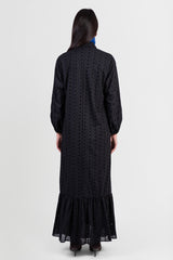 Black cotton abaya with broderie anglaise lace details and matching belt back view