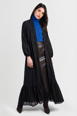 Black cotton abaya with broderie anglaise lace details and matching belt front view open