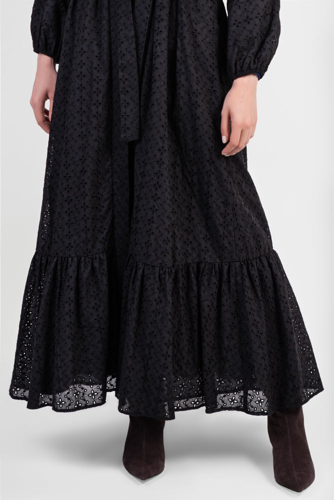 Black cotton abaya with broderie anglaise lace details and matching belt close-up details