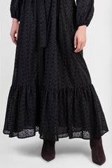 Black cotton abaya with broderie anglaise lace details and matching belt close-up details