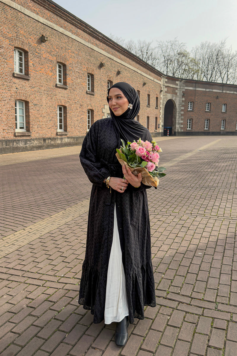Black Cotton Open Abaya with Patterned Embroidered Fabric 