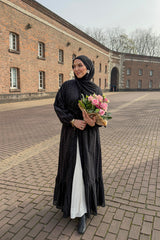 Black Cotton Open Abaya with Patterned Embroidered Fabric 