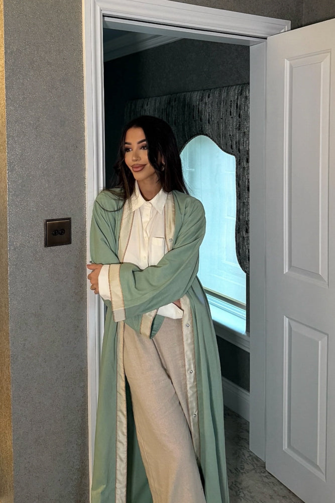 Green Cotton Linen Abaya with Trim