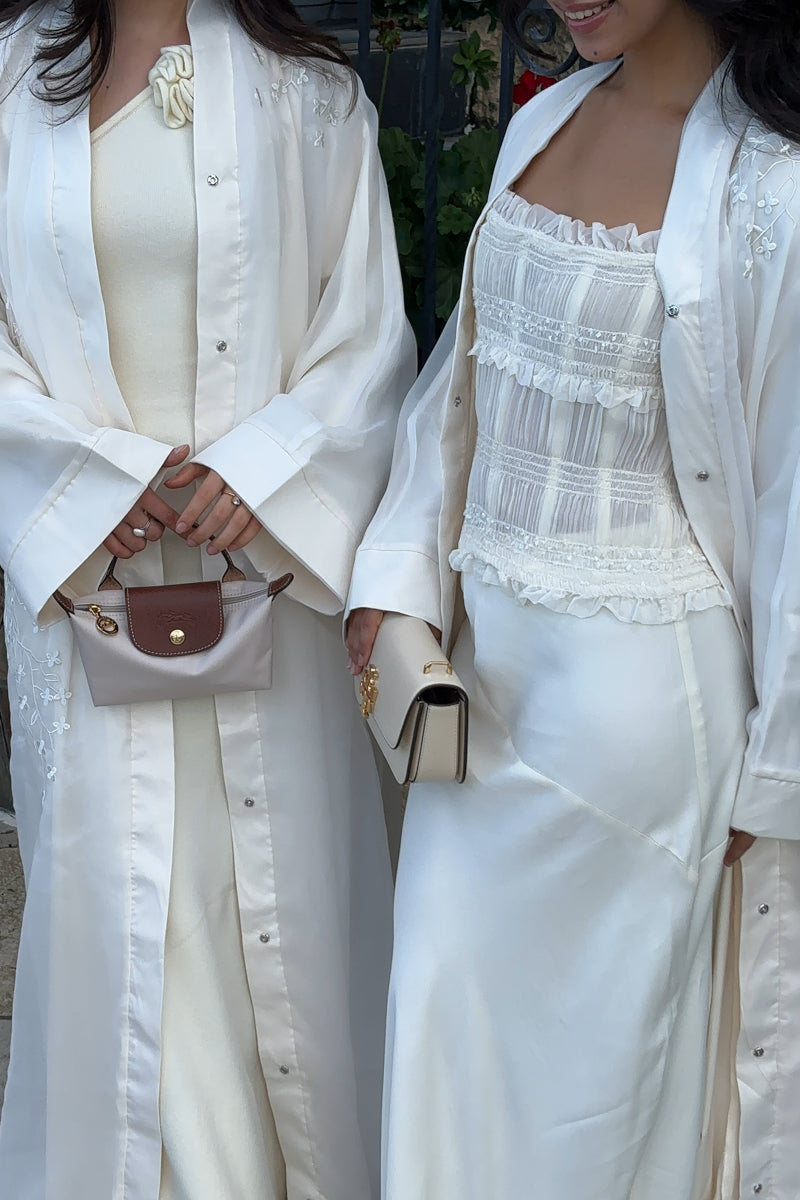 Embroidered Off-White Organza Open Abaya