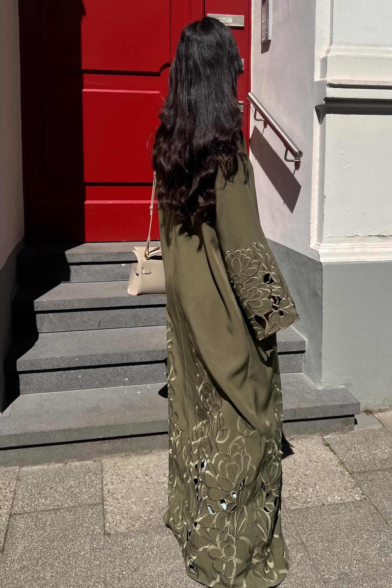Olive green Tencel abaya with tonal embroidered flowers and cutout flowers