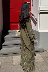 Olive green Tencel abaya with tonal embroidered flowers and cutout flowers
