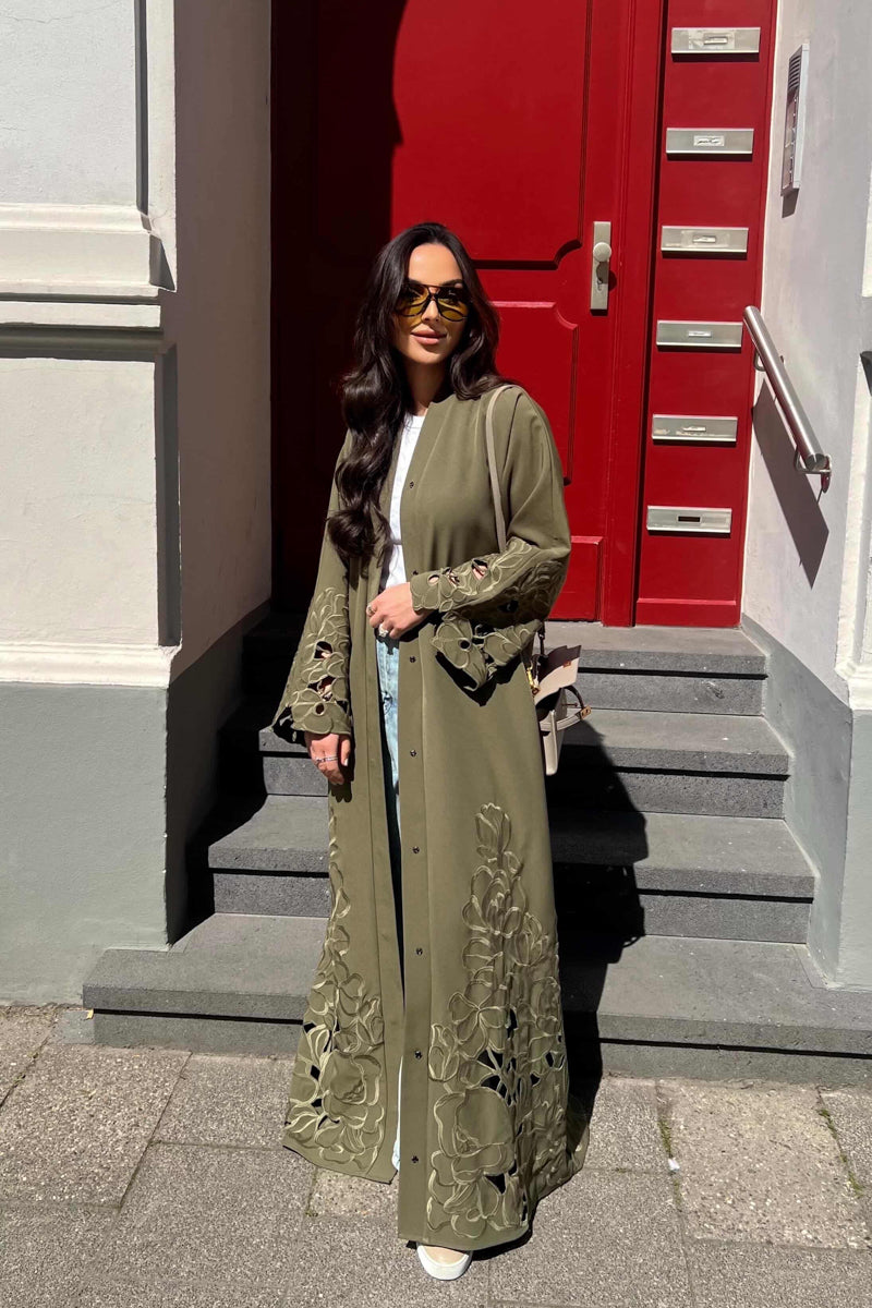Olive green Tencel open abaya with tonal embroidered flowers and cutout flowers