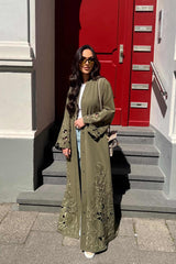 Olive green Tencel open abaya with tonal embroidered flowers and cutout flowers