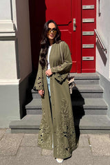 Olive green Tencel open abaya with tonal embroidered flowers and cutout flowers