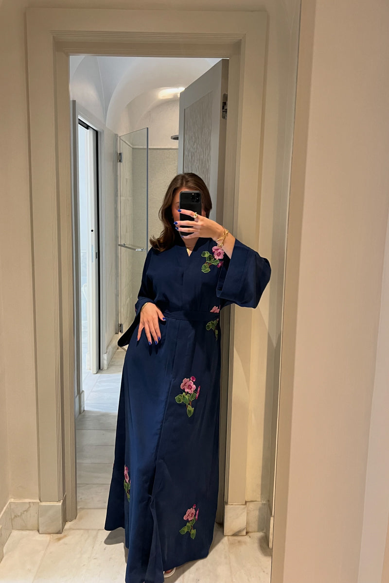 Navy Blue  Abaya with Pink Flowers