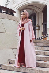 Feradje Pink Open Abaya Red Flower