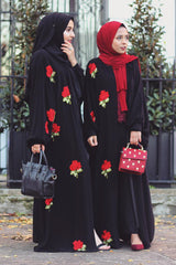 Feradje Black Closed Abaya with Red Roses in Crepe