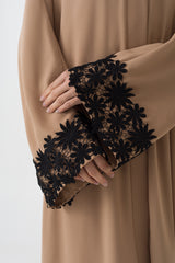 Beige Black Lace Cuffs Abaya