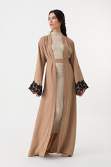 Beige Black Lace Cuffs Open Abaya Belt