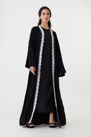 Black Open Abaya White Lace