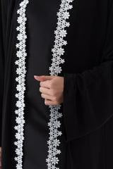 Black Open Abaya White Lace