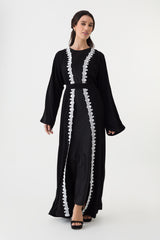 Black Open Abaya White Lace Belt