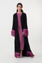 Black Pink Tassel Open Abaya