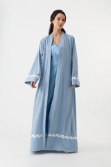 Blue Open Abaya White Floral Cuffs Hemline