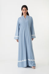 Blue Abaya White Floral Cuffs Hemline