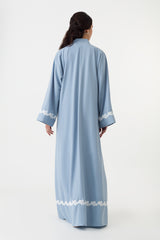 Blue Abaya White Floral Cuffs Hemline