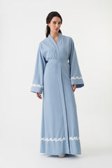 Blue Belt Abaya White Floral Cuffs Hemline