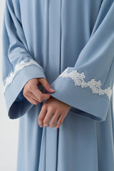 Blue Abaya White Floral Cuffs Hemline