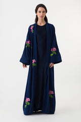 Navy Blue Floral Pink Open Abaya