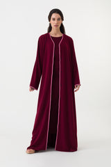 Red Open Abaya Pink Trim