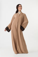 Beige Black Lace Cuffs Open Abaya