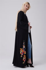 Feradje Black Open Front Abaya with Flowers on Bottom Front in Crepe