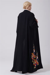 Black Open Front Abaya with Flowers on Bottom Front in Crepe