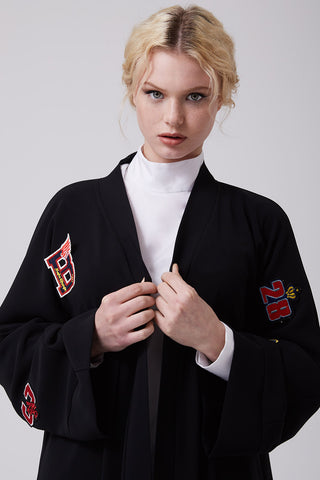Feradje Open Black Abaya with Patches in Crepe