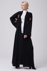 Feradje Open Black Abaya with Patches in Crepe