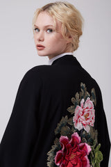 Feradje Open Black Abaya with 3D Flowers on Back in Crepe