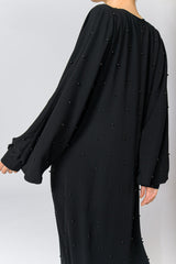 Feradje Black Closed Abaya with Pearls in Silk 