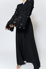Feradje Black Abaya with Leather Circles on See Through Sleeves in Nida