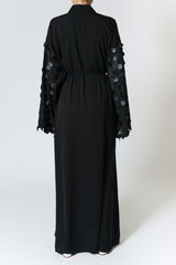 Feradje Black Abaya with Leather Circles on Sheer Sleeves in Nida