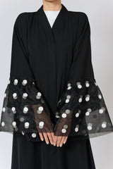 Feradje Black Closed Abaya with Net Mesh Polka Dot Sleeves in Nida