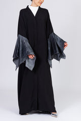 Feradje Black Closed Abaya with Oversized Bell Denim Sleeves