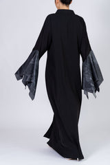 Feradje Black Closed Abaya with Oversized Bell Denim Sleeves