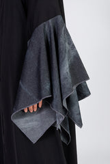Black Open Abaya with Denim Bell Sleeves and Belt