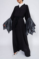 Feradje Black Closed Abaya with Oversized Bell Denim Sleeves