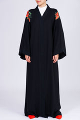 Feradje Black Open Abaya with Red Flowers on Shoulders