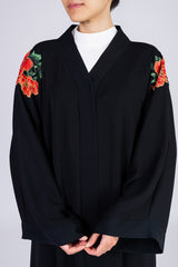 Feradje Black Open Abaya with Red Flowers on Shoulders